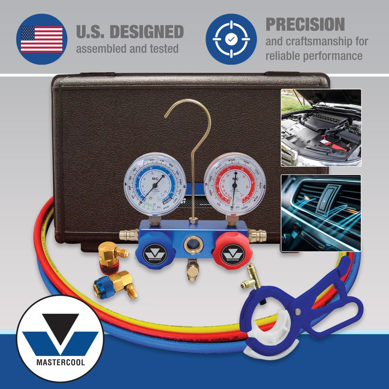 Mastercool 89660-PRO5 Automotive R134a 2-Way Manifold Gauge Set with 3-in-1 Can Tap Valve â€“ U.S. Designed, Assembled, and Tested â€“ Includes 60" Hoses and R134a Couplers - Image 2